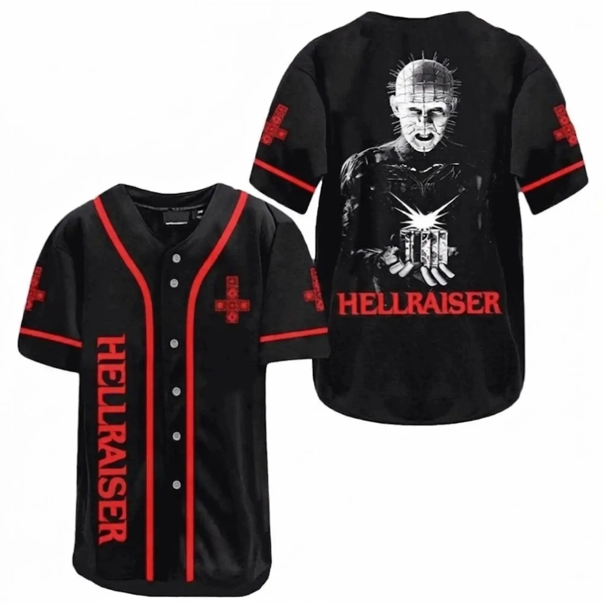 Hellraiser Pinhead Halloween Baseball Jersey, 3D Horror Movie Graphic Sport Shirt, Retro 80s Slasher Button Up Merch, Spooky Season Horror Fan Gift, Signature Horror Film, Vintage Halloween Party Outfit, Unisex Halloween Clothing For Men & Women