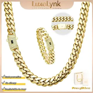 【Set】14K gold-plated Cuban necklace and bracelet combination set, new anti-rust technology, comfortable to wear and non-allergic. 6/8/10/12/14mm can be selected. Suitable for leisure, business, entertainment and any other occasions Valentine's Day gift