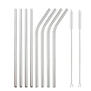 Set of 8 Stainless Steel Bent Straws with 2 Cleaning Brushes, Reusable and Easy-to-Clean Straws, Ideal for Family Gatherings, Kitchen Accessories, Utensils