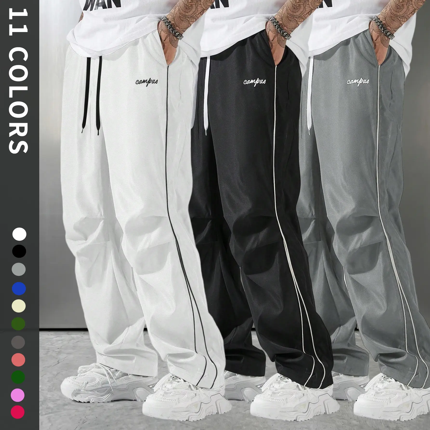 Men’s casual athletic pants, American striped quick-dry high-street parachute pants, fashionable loose-fit sports pants, breathable casual drawstring pants