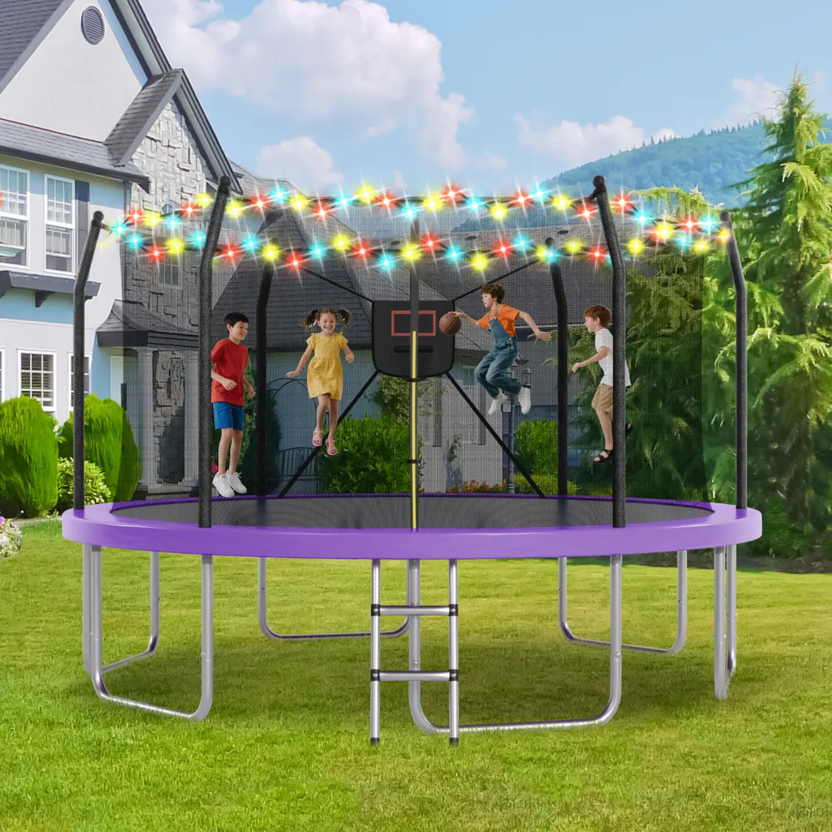 14ft Diameter Large Size Metal Frame Trampoline with LED Lighting, Outdoor Recreational Trampoline for Kids and Adults