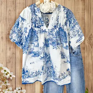 SageVell Delicate Architectural Prints Blouse Vintage-Style Top, Multi-Layer Ruffles, V-Neck Puff Sleeve Top, Cute Boho Cloth for Women SpringStatements