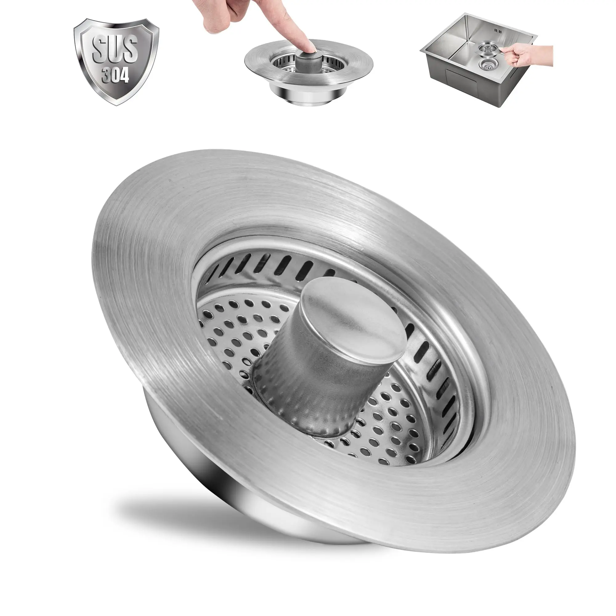 SUS304 Stainless Steel 3-in-1 Function Kitchen Sink Strainer Filter with Rubber Seal, Sturdy ABS Food Waste Catcher & Universal Fit Drain Stopper for Standard Drains, Durable