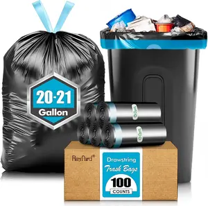 20 Gallon Large Drawstring Trash Bags Fit 20-21 Gal, 100 Counts Heavy Duty Tall Kitchen Garbage Liners, Large Trash Bags Size Chart for Home, Office, Outdoor Lawn and Leaf Bags, Black