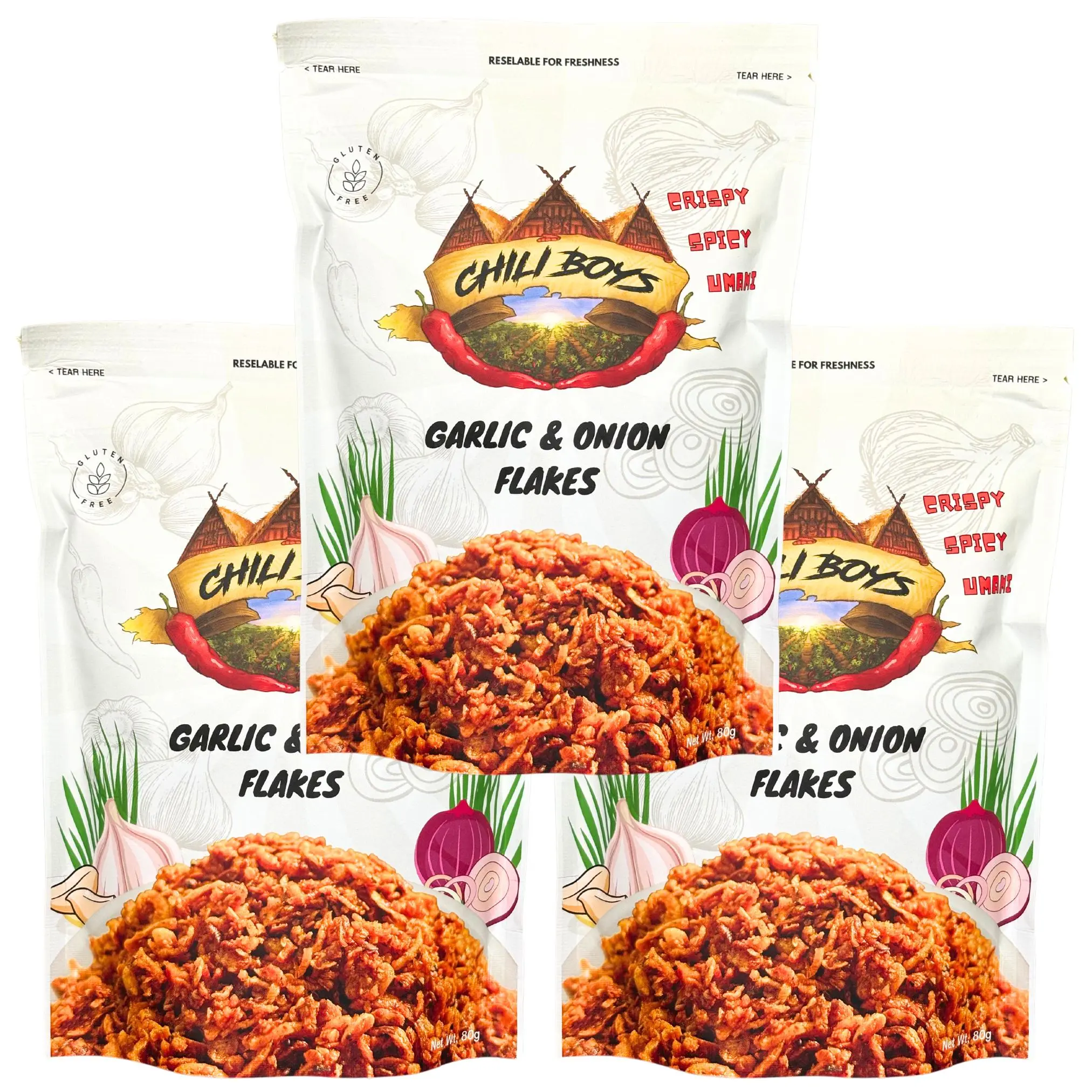 Chili Boys **3 Bag Bundle** Spicy Crispy Garlic and Onion Flakes, Crunchy Gluten-Free Food Topper, Fried All-Purpose Seasoning - 80g. Flavor Spices Herbs Vegan