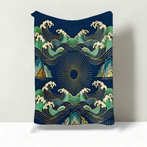 1 Piece Japanese Wave Sun Blanket, Navy Blue Gold Foil Great Wave HD Digital Single-Sided Print Flannel Throw Blanket, Super Soft Plush Warm Blanket for Couch Bed Travel, Multipurpose Cozy Gift Blanket