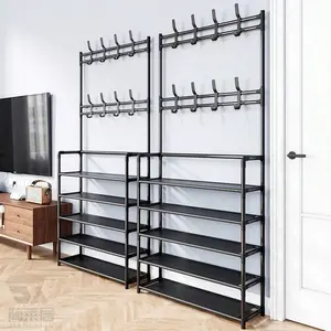 Modern Minimalist Iron Coat Rack & Shoe Organiser for Entryways Hallways Balconies Living Rooms & Bedroom Doorways Black Durable Sturdy Storage Stable Design with 16 mm Thick Pipe & 9.8 mm Thin Pipe Shelf with Shoe Compartment