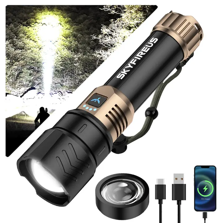 SKYFIRE Canglong Super Bright High Lumen Adjustable USB Rechargeable Flashlight - IP6 Waterproof LED, Long-Range Illumination, Portable, Ultra-Long Endurance, Adventure Torches for Camping, Emergency Use, Super Bright Flashlight, High Lumen Flashlight