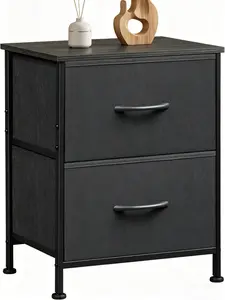 Charcoal Black Nightstand, 2 Drawer Small Dresser Bedside Table with Wooden Top & Removable Fabric Storage Bins, Compact End Side Table for Bedroom, Closet, Entryway, College Dorm