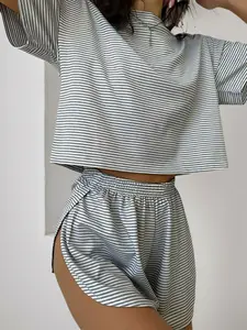 Women's Striped Casual Loose Fit Long Sleeve Top & Side Slit Shorts Set, Spring Summer Knitted, All-Season Wear, Clothing Sets