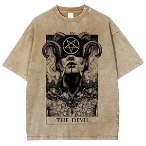 Tarot Shirt 'The Devil' Cards Washed Tee Tarot lover for Women's Vintage Tshirt（Khaki）