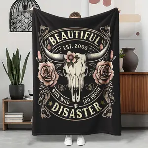Boho Western Blanket Gift, Beautiful Disaster Cow Skull Rose Stay Wild Vintage Pattern Flannel Throw, Soft Cozy Warm Nap Blanket for Bedroom Living Room Couch, Unique Gift for Her Him Friend, Christmas Birthday Holiday Present