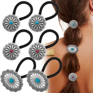 6 count Western Ponytail Holders Metal Boho Hair Ties Flower Circular Hair Ropes  Turquoise Concho Squash Blossom Hair Bands Decoration Accessories for Women Girls