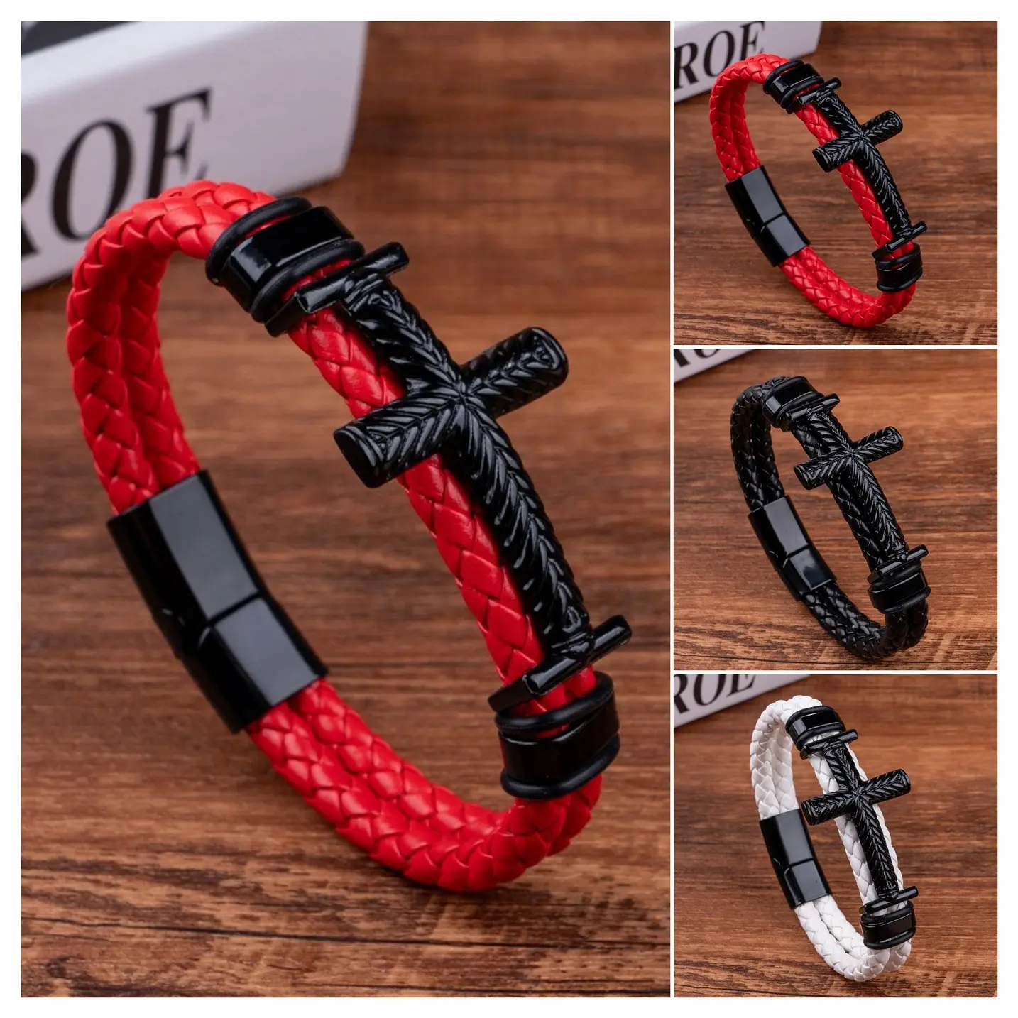 8 INCH Cross Design Classic Braided  Men's Leather Bracelet Cross Magnetic Buckle Clasp Cross Charm Bangle Christian Religious Biker Punk Wristband Jewelry Gifts for Men Boyfriend