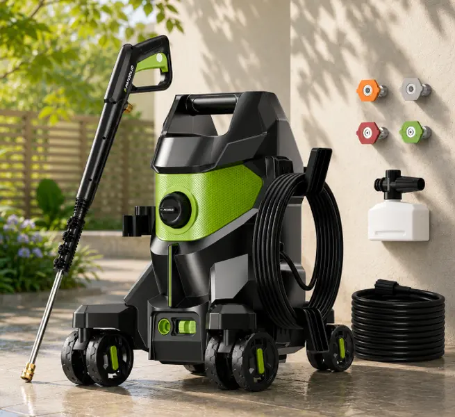 Electric Pressure Washer, Portable Power Washer with 4 Nozzles & Foam Cannon, 23FT Hose, 4-Wheel Anti-Tip Design, Auto Shut-Off, for Cars, Driveways, Patios & Outdoor Cleaning, Back to School