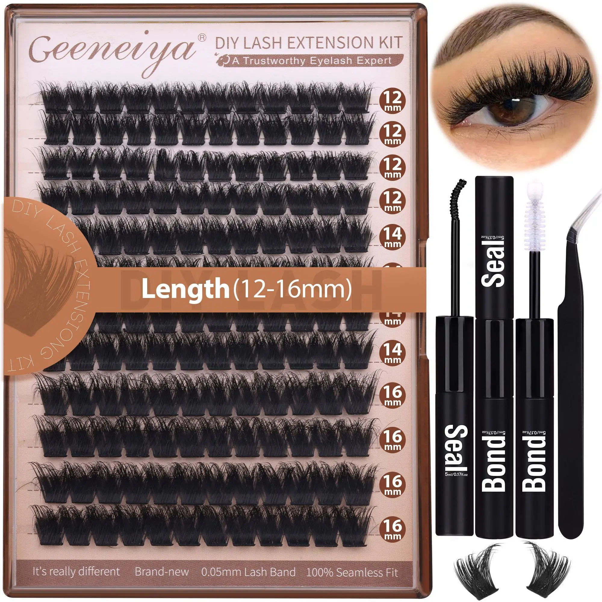 Geeneiya 200D Lash Extension Kit Eyelash Extension Kit Thick Volume Lash Clusters Kit Wispy DIY Individual Eyelashes Kit with Lash Bond and Seal, Lash Applicator (D Curl, Faux Mink)