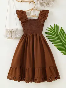 Tween Girls Plain Sleeveless Short Dress, Casual Slim-Fitting Natural Waist, Spring & Fall Fashion, Leaf Edge Design
