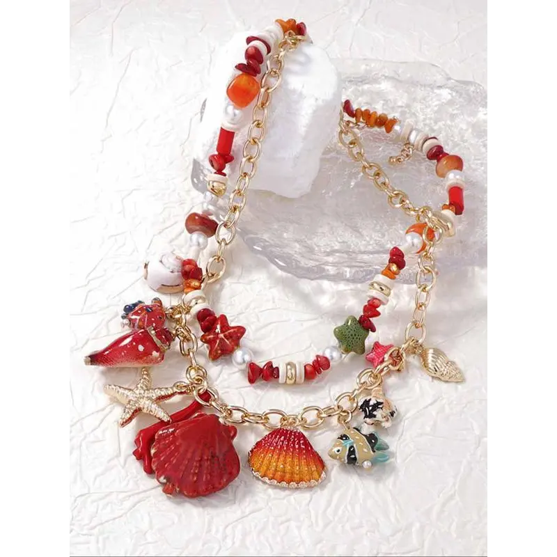 Casual Layered Necklace with Shell, Starfish & Fishtail Charms, Elegant Unisex Jewelry for Daily Wear and Birthday Gifts, Charm Decor Necklace