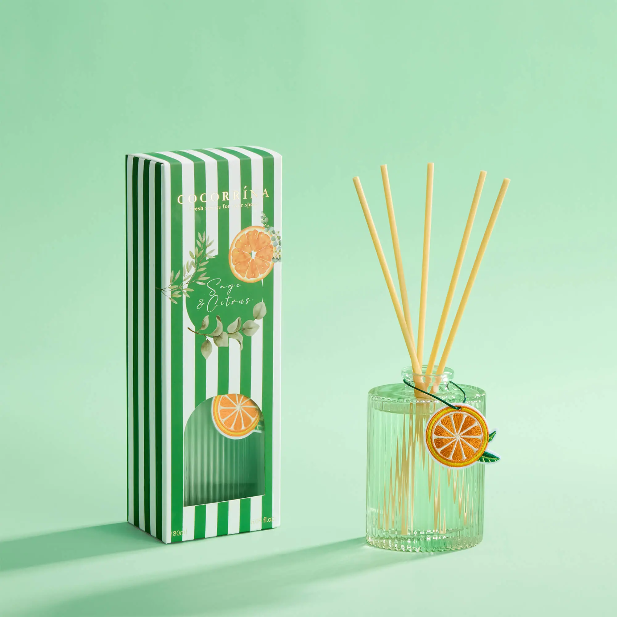 COCORRÍNA Glass Bottle Reed Diffuser Gift-Ready Set - 6.09 fl oz Sage-Citrus Scent Aroma Long-Lasting Oil, 8 Reed Sticks, 3-Month Flip-to-Refresh Home Fragrance Decor, Ideal for Bathroom, Holiday/Birthday Gift