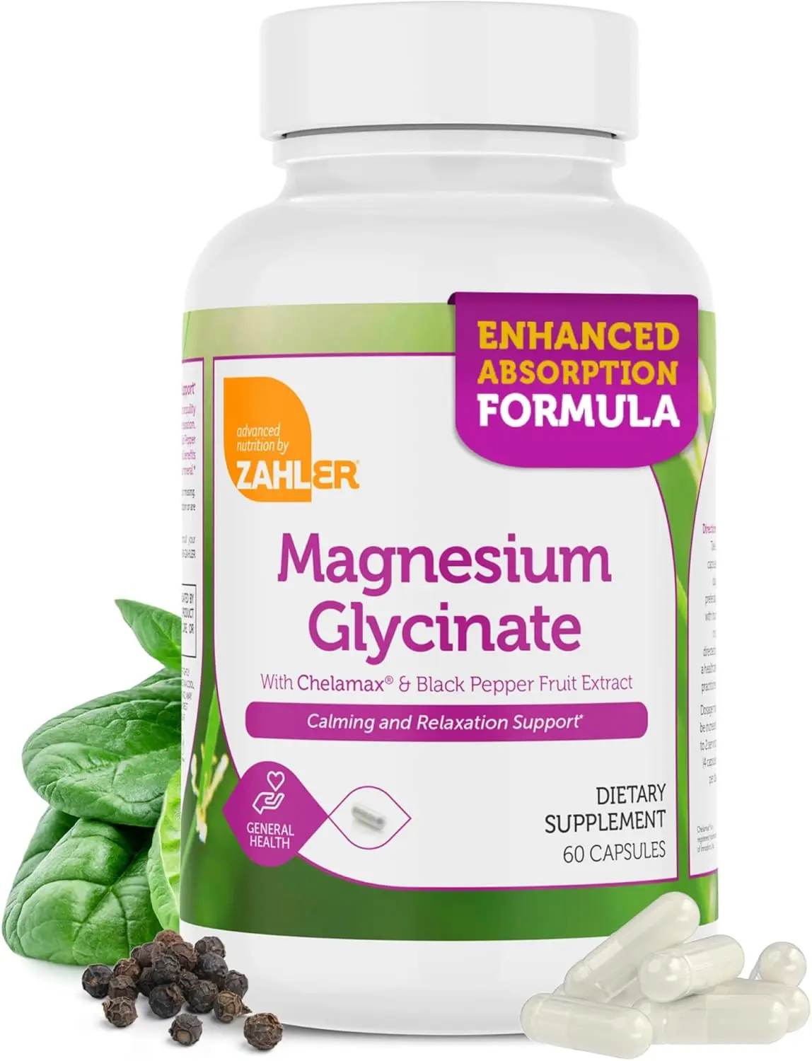 Zahler Magnesium Glycinate with Chelamax & Black Pepper Fruit Extract for Calming and Relaxation Support 60 Capsules - Natural Supplements, Healthcare, Vitamin