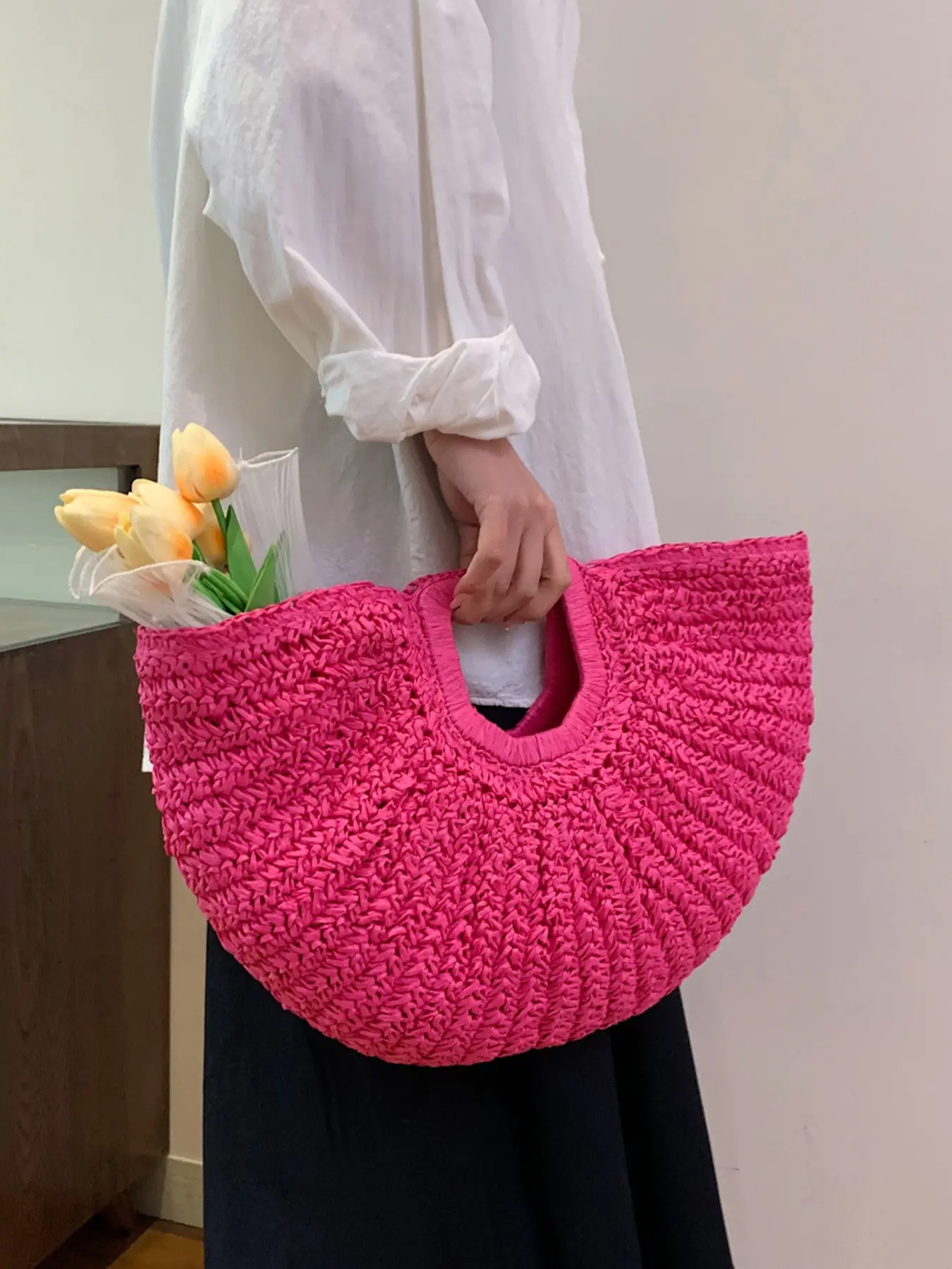 1pc Women's Minimalist Casual Vintage Solid-Color Design Straw Half Moon Bag, Crochet Handbag, Casual Everyday Bag Perfect for Daily Commuting, Outings, Travel