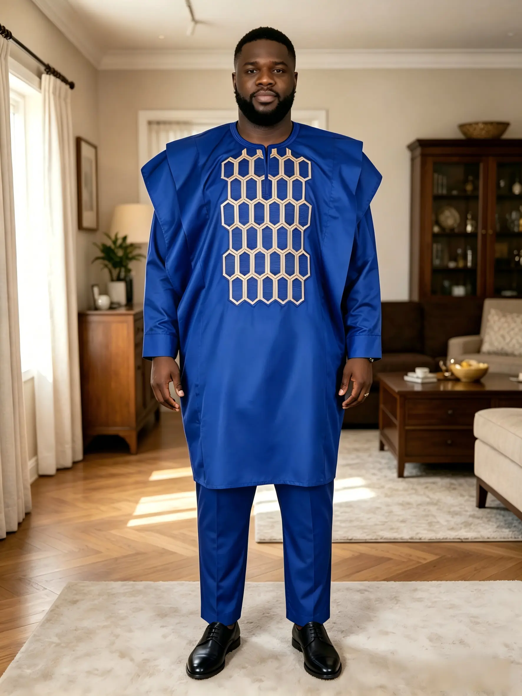 Men's 3-Piece Checked African Bazin Fabric Menswear Set - Long Sleeves Dashiki Shirt, Embroidered Top, Cuffed Pants, Hat, Modest Islamic Muslim Wedding Wear, 2026 Summer Outfit, Clothes, Weddings, Longsleeves, Crew Neck, Plaid, Dashiki Set, All Seasons, C