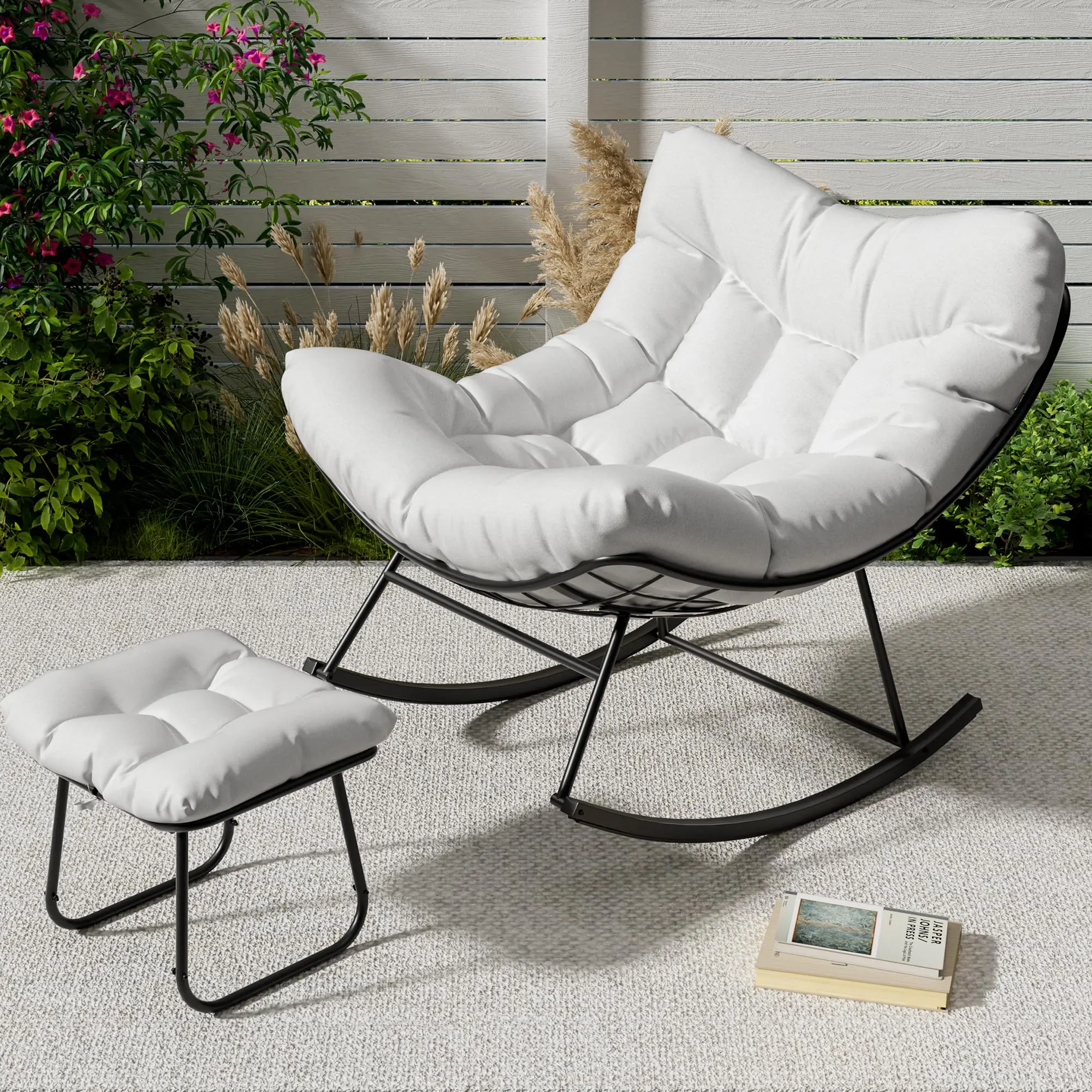 🌿Unwind. Oversized Papasan Rocking Chair Set with Ottoman – Handwoven Rattan, Soft Cushion – Like a cozy cocoon for Patio, Balcony or Backyard ✨