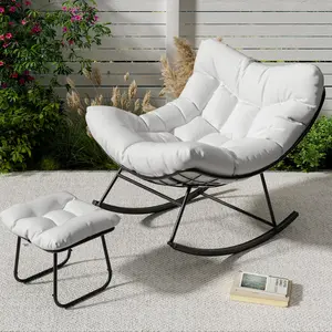 🌿Unwind. Oversized Papasan Rocking Chair Set with Ottoman – Handwoven Rattan, Soft Cushion – Like a cozy cocoon for Patio, Balcony or Backyard ✨