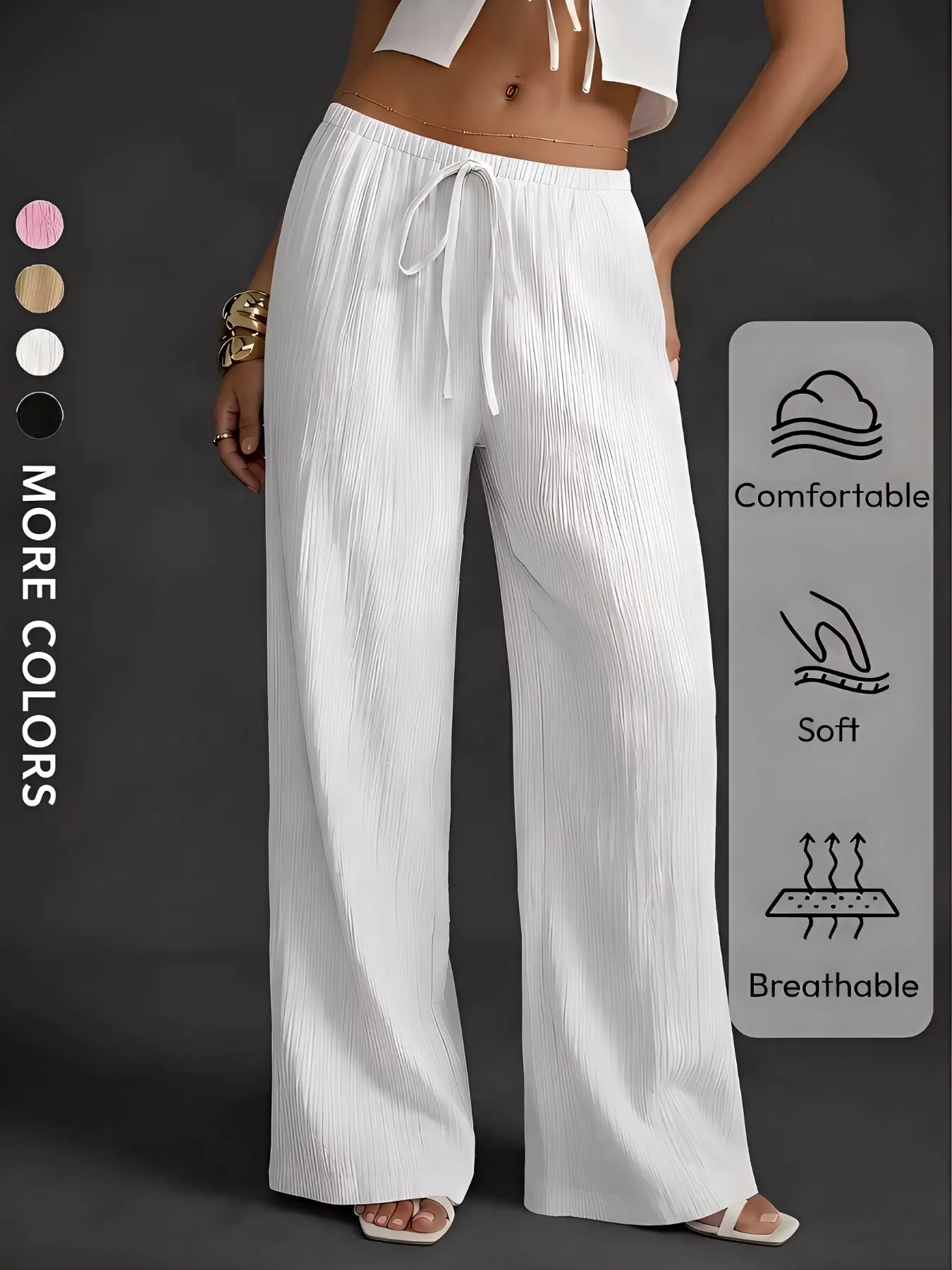 Coastal Crinkle Wide Leg Pants — High Waist Drawstring Trousers, Casual Fashion Bottoms, Women, Casual Dailywear & Vacation Ready, Perfect for Daily Chic, Viral TikTok Trend, 2026 Style Essential, Soft Breathable Fabric, Effortless Look
