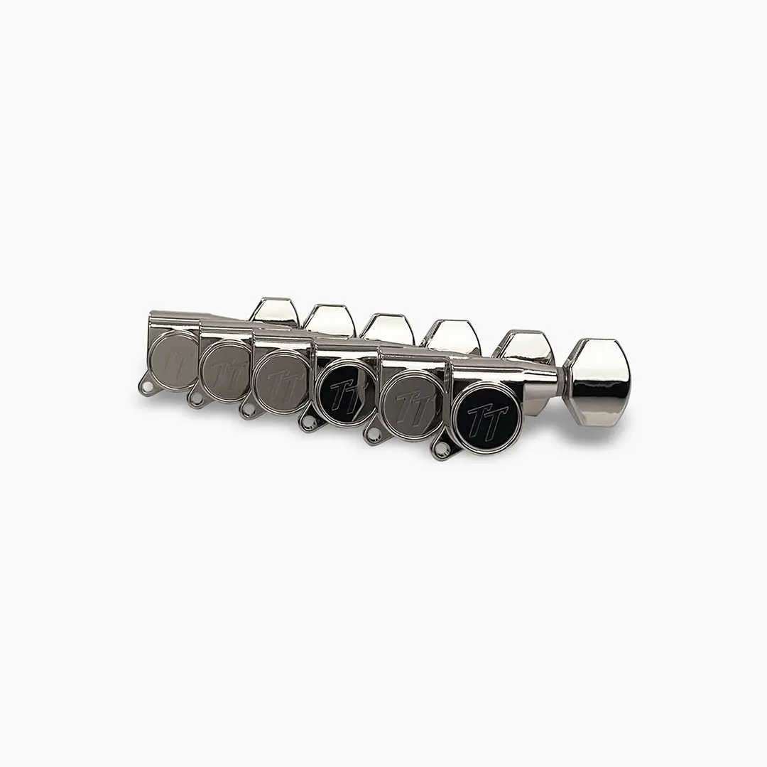 Allparts Top Tier Modern 6-in-line Mid-Size Tuning Keys with Screw-In Bushings, Staggered Posts and Metal Hex Buttons - (set of 6)