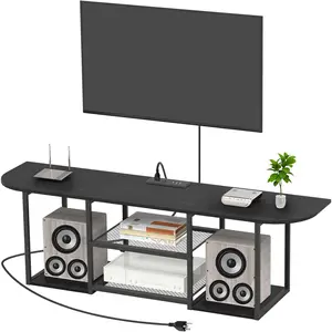 Floating Wooden TV Stand - Fits 50 Inch TVs with Outlets and USB Sockets, Metal TV Stand and Wall Mount Bracket, 2 Tiers of Open Storage Shelves, Modern Entertainment Center for Living Room, Bedroom, Black/White,Shipped from the US
