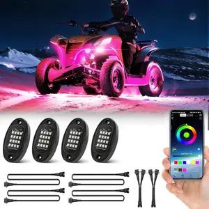 4 Pods RGB LED Rock Lights and 4Pcs 4PIN 47 inch Extension Wire Cords Set, Waterproof Multicolor Underglow Kit with APP/RF Remote Control for Trucks Golf Cart ATV UTV RZR SUV Offroad Pickup