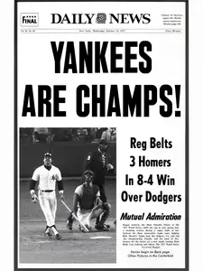 1977 New York Yankees "YANKEES ARE CHAMPS!" World Series Winners Unframed Newspaper Print