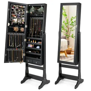 COSTWAY - Lockable Freestanding Jewelry Cabinet Armoire with Full-Length Mirror and Lights-Black