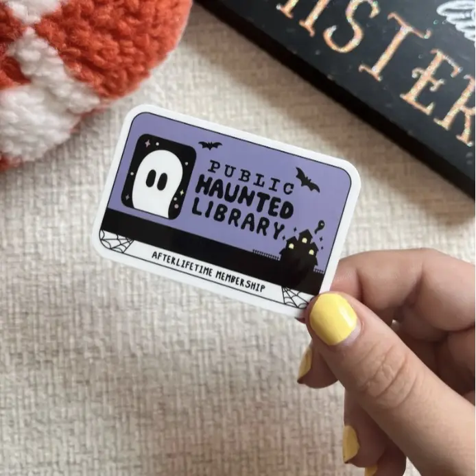 Public Haunted Library Card Sticker Afterlife Lifetime Membership Design with Ghost & Bat Illustrations Halloween Theme for Library Enthusiasts