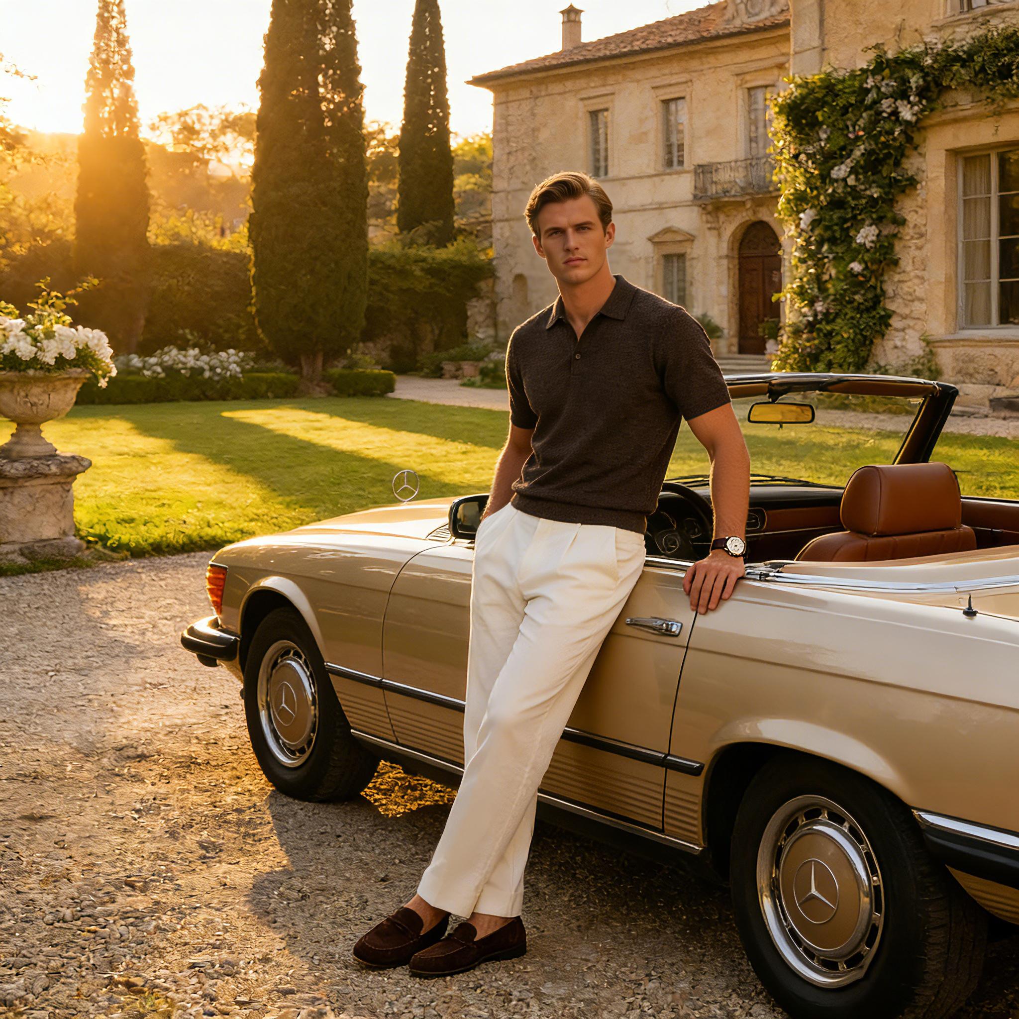 LazyRoad Old Money Style Men's Knit Polo Shirt, Tencel & Linen Blend Summer Short-Sleeve（brown）-M6103