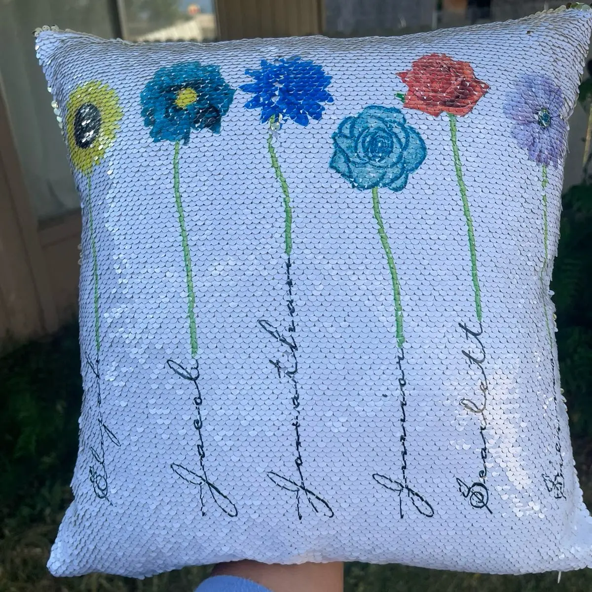 Gold sequin personalized accent pillow 16x16” These pillows can be personalized to any design you’d like!