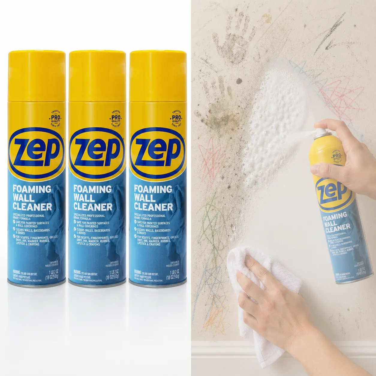 ZEP 18 oz. Foaming Wall Cleaner Household, No Scrub Spray Foam Wall Cleaner, Effortlessly Removes Scuffs & Grimy Fingerprints, ZEP Formula Requires No Rinsing or Scrubbing, Works Quickly on Painted Surfaces Woodwork Tile