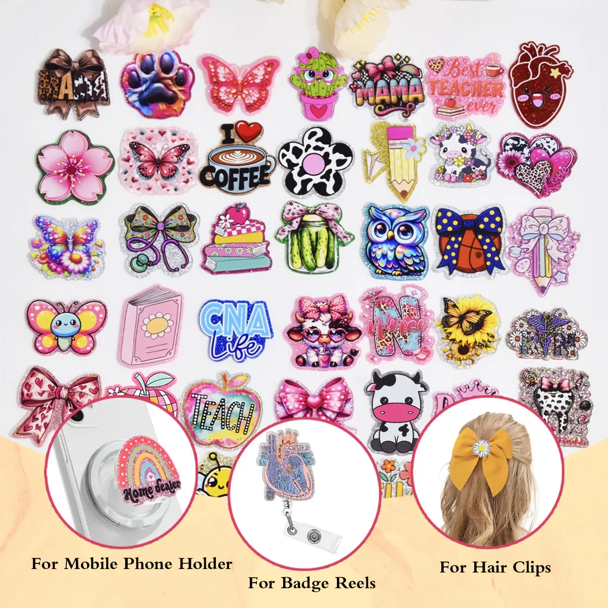 20/40pc Mixed Glitter Resin Flatbacks, No-Hole Assorted Shapes for DIY Projects like Badge Reels and Hair Clips, Diy With Charms