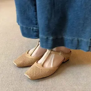 Women' French-Style Chunky Heel Mary Jane Mules - Closed-Toe T- Strap T- Slippers Sandals with PVC Sole, Slip- Round Toe Spring/Summer Footwear Suitable for Casual, Office, Semi-Formal Wear, Women Shoes
