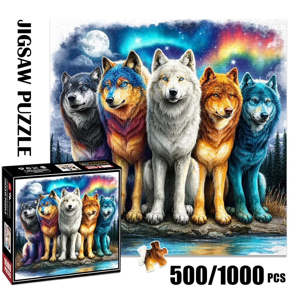 1pc 1000 piece adult puzzle 58x58cm Group of Colorful Wolves Under Moonlit Sky with Aurora500 pieces paper Animals jigsaw puzzle suitable for DIY creative games for adults and families, birthday and holiday