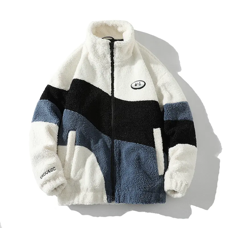 Unisex Color Block Fleece Cotton Jacket Parka Winter Thick Warm Coat Long Sleeve Top Soft Fleece Fabric Sweatshirt Bomber with Stand Collar and Lambskin Material Matching Fashion