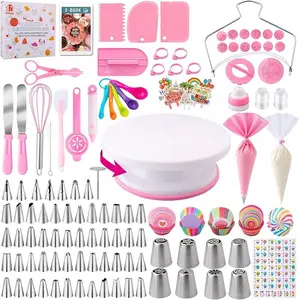 Beginner Friendly 356Pcs Cake Decorating Baking Kit Non Slip Round Turntable Assorted Icing Tips Complete Pastry Decoration Accessories All In One Set For Home Bakery DIY Cake Design Festival Party Decor
