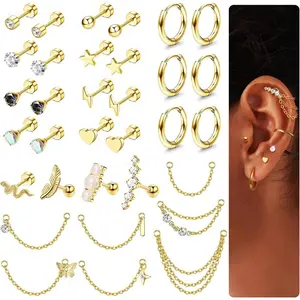 20G Cartilage Earrings Set for Women Men Surgical Steel Helix Earrings Cute CZ Opal Star Heart Snake Small Hypoallergenic Flat Back Stud Earrings Hoop Chain Dangle Conch Daith Helix Tragus Cartilage Piercing Jewelry 33Pcs