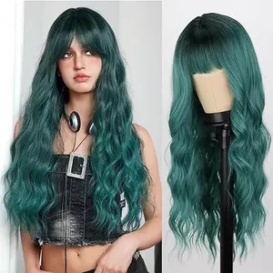 H M D Heat-Resistant Ombre Green Synthetic Full Machine Wig - Women's Long Wavy Wig with Bangs, Natural Wavy Look, for Daily Cosplay and Holiday Use,summervibes