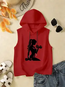 Women's Casual Hooded Sleeveless Vest, Sporty Letter Print, Printed, Loose-Fitting Long Tank Top, Activewear, Perfect for Summer Fitness Outdoor Wear