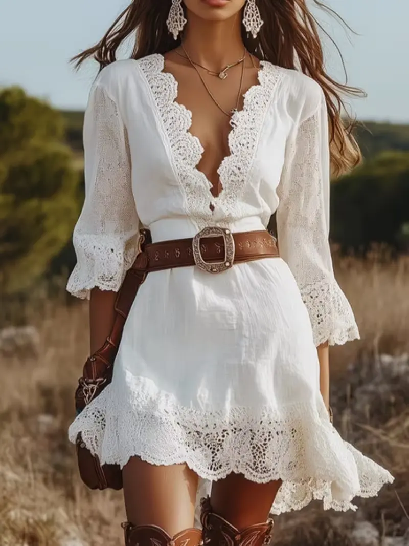 Women Deep V Neck Lace Trim Mini Dress, Flowy Loose Ruffle Hem Western Cowboy Casual Dress No Belt