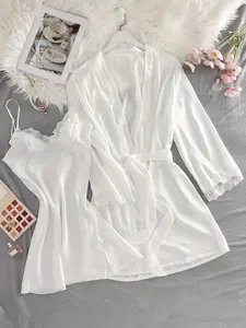 Valentine's Day Gift Set, Elegant Chic Lace Sleepwear, Stylish Sleepwear, Women's Short Fitted Dress with Thin Straps, Long Sleeve Robe with Bow Waist Belt, Loungewear, Womenswear, Lady