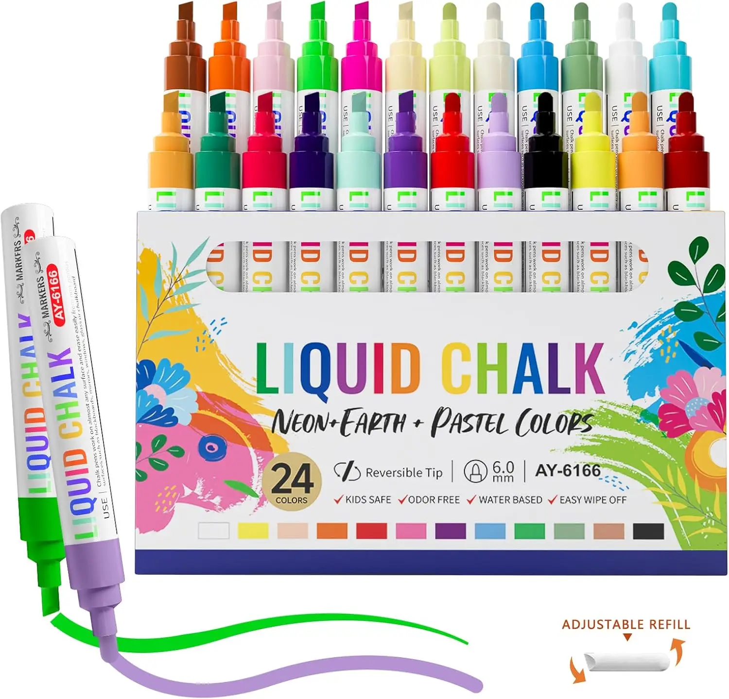 Liquid Chalk Markers for Blackboard Wet-Dry Erasable 24 Neon Earth Pastel Colors 6.0mm Reversible Tip Kids Safe Odor Free Water Based Easy Wipe Off