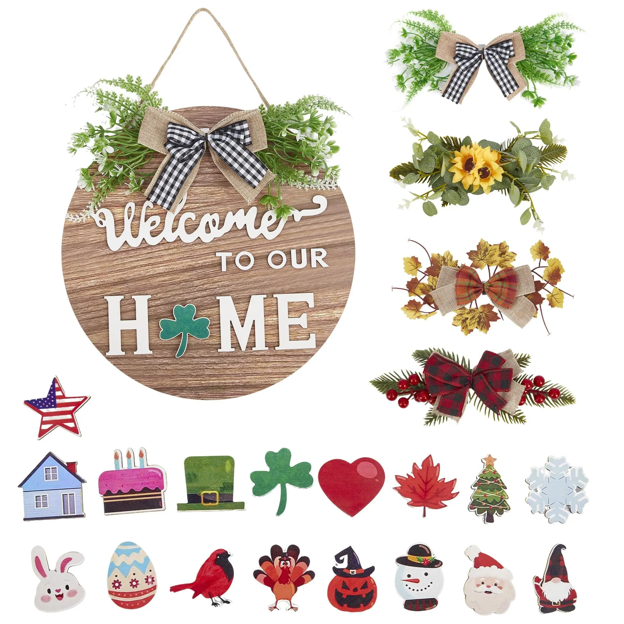 GARVEE Magnetic Interchangeable Welcome Home Sign - Round Wooden Door Hanger with Seasonal Holiday Flower Decor, Rustic Farmhouse Front Porch Decor, Housewarming Gift